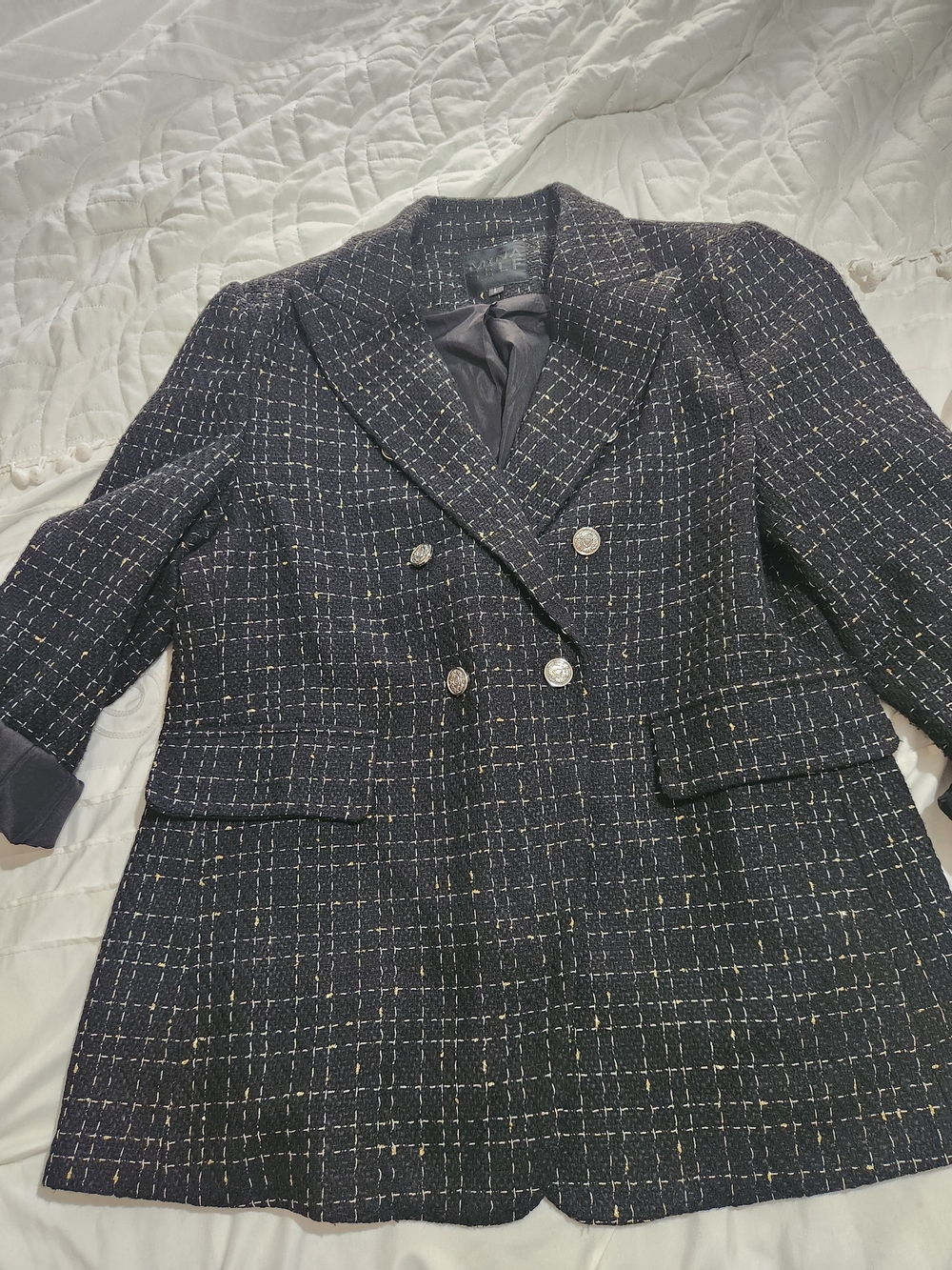 Mina Self Classic Black And Gold Tweed Double-Breasted Blazer
